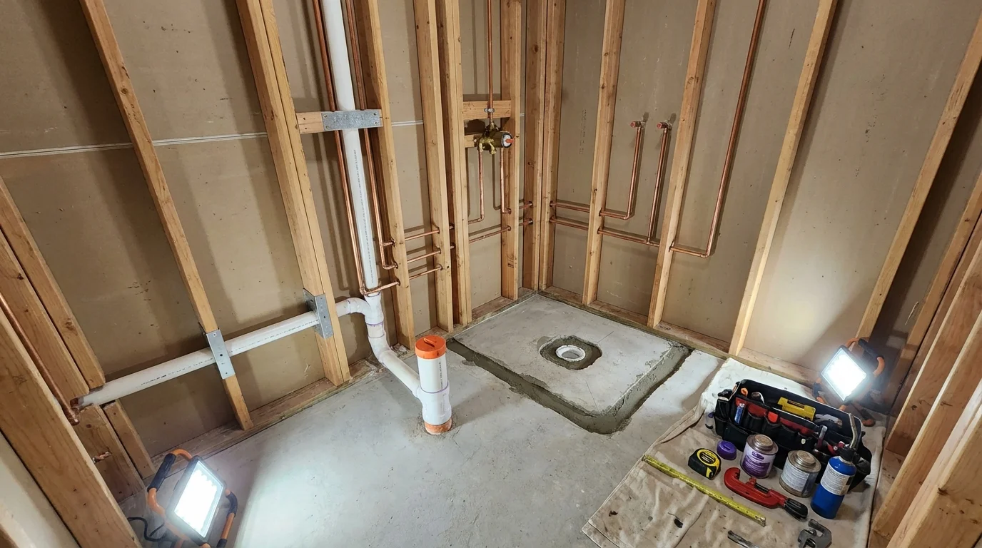 Bathroom rough-in plumbing during remodel by Johns Plumbing LLC in Blackwood