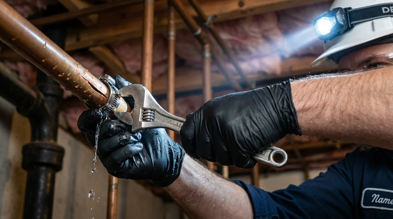 Emergency pipe clamp repair being performed by a Johns Plumbing LLC plumber in Blackwood
