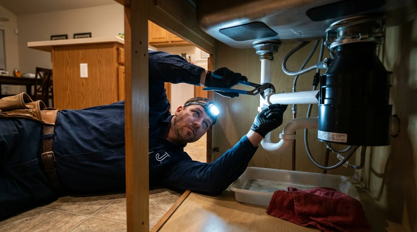 P-trap and supply line connections under a kitchen sink showing a common leak point in Blackwood, NJ